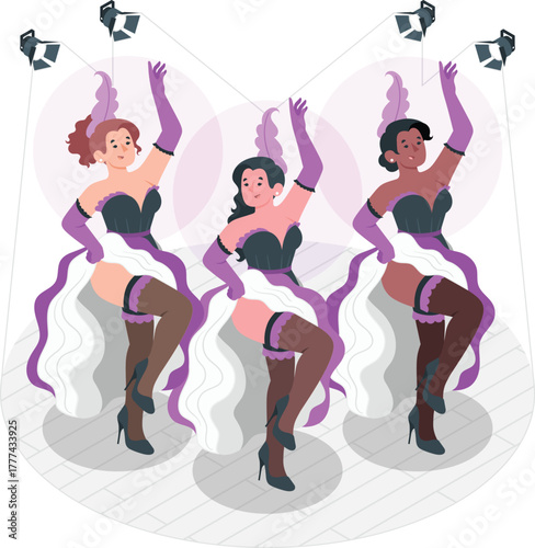 Three women in cabaret costumes dancing under spotlights dancers performance