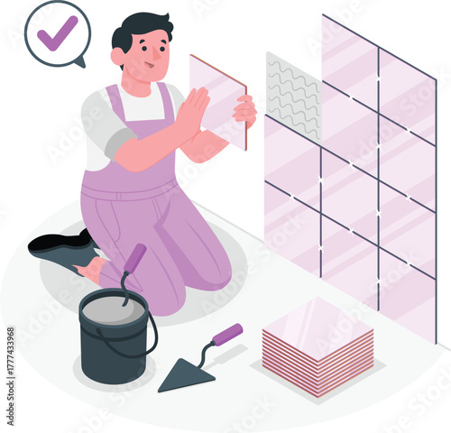 Tiler installing tiles on a wall with tools tiling renovation