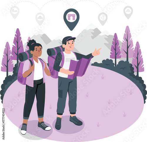 Two backpackers with map and backpacks in a purple landscape travel adventure