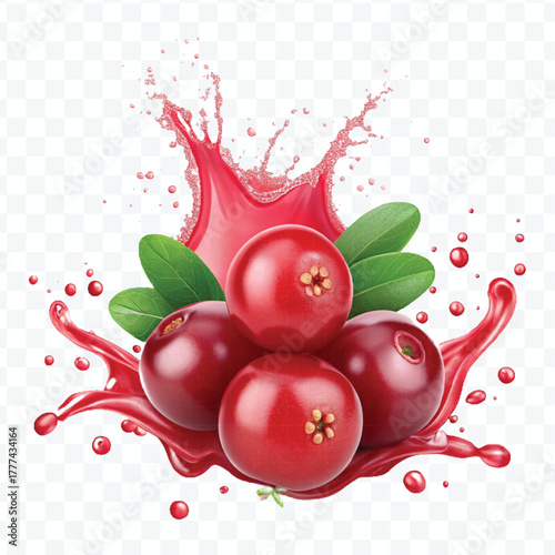 realistic cranberry  fruits with red liquid juice splash in different style isolated on transparent background