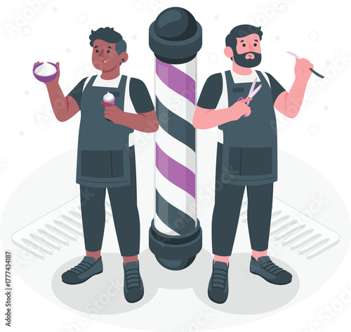 Two barbers holding grooming tools and products beside barber pole barbershop team