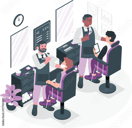 Two barbers cutting hair and shaving clients in a barbershop haircut