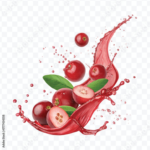realistic cranberry  fruits with red liquid juice splash in different style isolated on transparent background