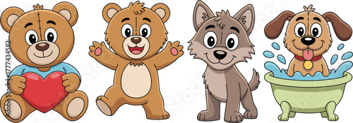 Cute cartoon animals collection, teddy bear, wolf, and dog characters, adorable pets, heart, bath time, vector illustration, kids design, mascot art