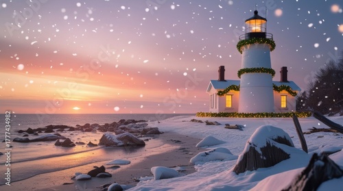 Serene snowy shoreline with a classic bright white lighthouse wrapped in vibrant green garlands and warm golden lights, soft delicate snowflakes falling gently from the sky at a peaceful sunset glow 