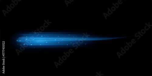 Abstract dark blue space illustration with glowing particles, light flare, and wave energy effect