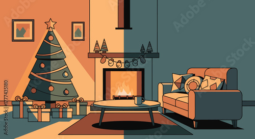 Cozy Christmas living room with tree, fireplace, sofa, and gifts.