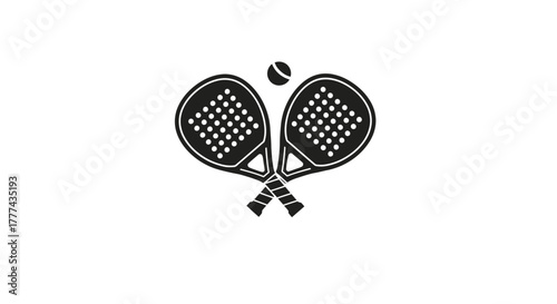 Two crossed padel rackets with a ball above them in a black and white illustration.