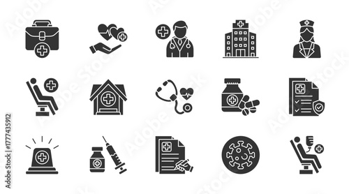 Medical thin glyph icon set. Containing healthcare, doctor, hospital, nurse, patient, clinic, stethoscope, medicine, health insurance, emergency. Vector illustration