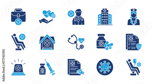 Medical thin flat blue icon set. Containing healthcare, doctor, hospital, nurse, patient, clinic, stethoscope, medicine, health insurance, emergency. Vector illustration