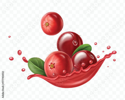 realistic cranberry  fruits with red liquid juice splash in different style isolated on transparent background