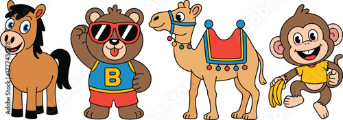 Cute cartoon animals set, funny horse, cool bear in sunglasses, happy camel, cheerful monkey with banana, adorable kids vector characters illustration