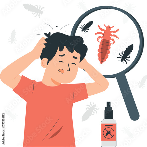 Boy scratching head with lice magnified and spray bottle head lice infestation