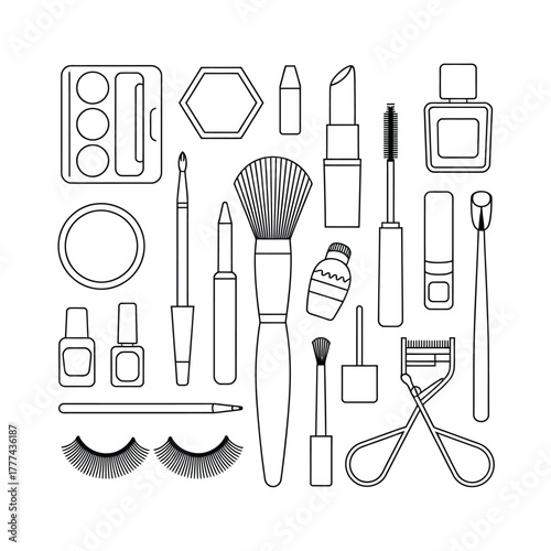 Collection of hand drawn cosmetic makeup products and tools