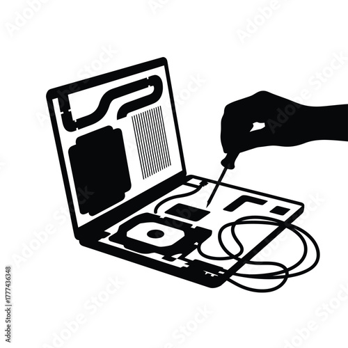 Hand repairing a laptop with a screwdriver and internal components