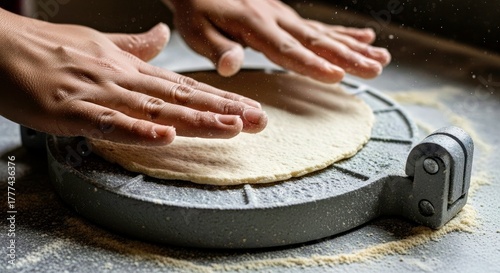 Skilled Hands Flattening Masa Dough for Fresh Corn Tortillas Close-up Abstract Food Preparation