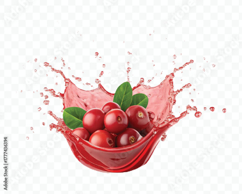 realistic cranberry  fruits with red liquid juice splash in different style isolated on transparent background
