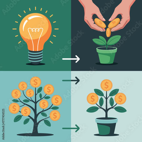 This image showcases the relationship between ideas, growth, and investment by illustrating a light bulb, hands planting coins, and a trees with monetary symbols.