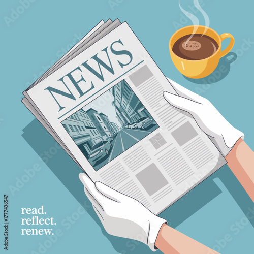 A soothing image of a person in gloves holding a newspaper and a cup of coffee, promoting mindfulness and reflection through keeping up with the latest news.