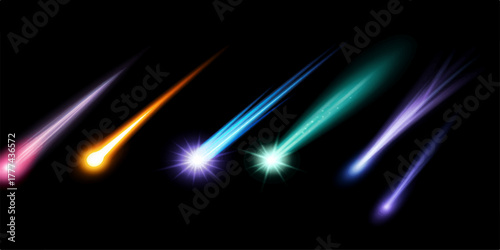 Blue glowing neon light beam in dark space technology background art motion