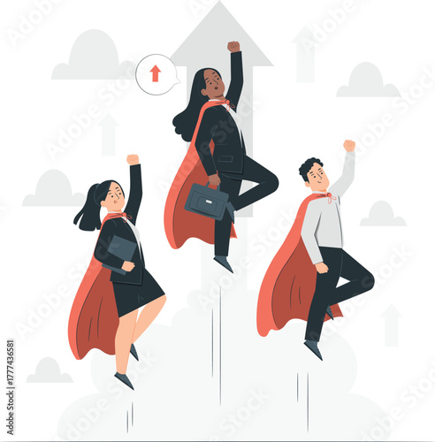 Business people flying like superheroes with red capes and briefcases vector illustration