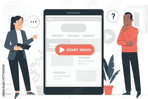 Business people discussing website demo on large tablet screen woman