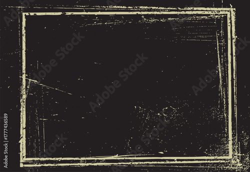 Distressed beige square frame with grunge texture on dark background with scattered speckles and scratches