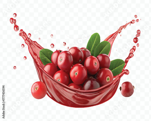 realistic cranberry  fruits with red liquid juice splash in different style isolated on transparent background
