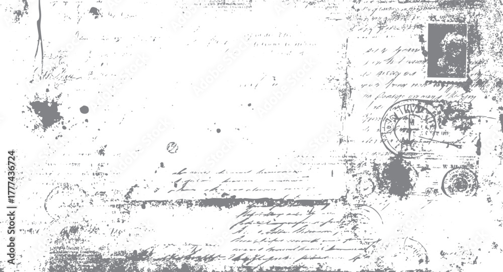 Obraz premium Distressed vintage handwritten letter with postage stamps and ink splatters in grey and white handwriting