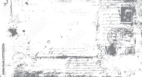 Distressed vintage handwritten letter with postage stamps and ink splatters in grey and white handwriting