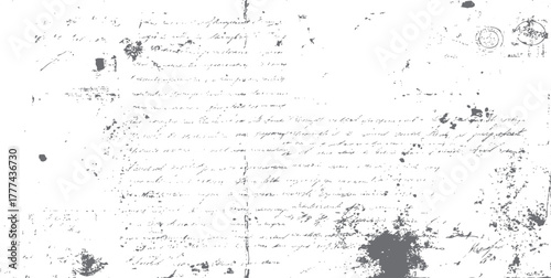 Faded handwritten script on aged textured paper with ink blots and circular stamps vintage grunge