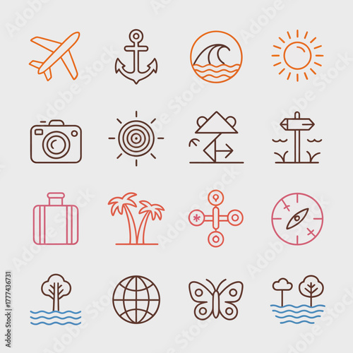 This image features a collection of travel-related icons such as an airplane, camera, and compass, symbolizing adventure and exploration in vacation planning.