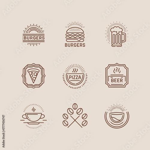 This image presents a bold collection of logo designs centered around burgers, pizza, and beverages, tailored for effective branding in the food industry.
