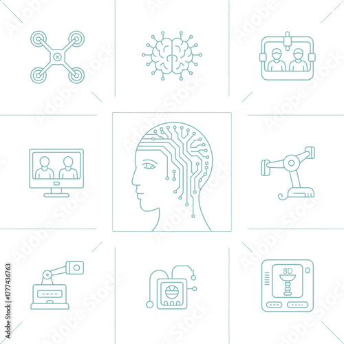 A captivating collection of human brain and robotics icons depicting the relationship between human cognition, artificial intelligence, and modern technological advancements.