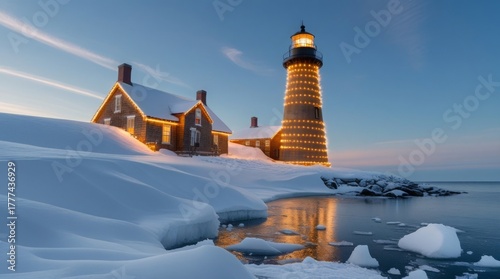 Winter lighthouse on icy Maine coast illuminated by warm golden holiday lights that wrap around its towering structure, surrounded by deep snowdrifts that gently slope upwards, and set against a calm 