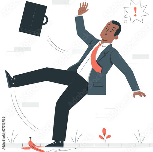 Businessman slips on banana peel causing briefcase to fly accident falling