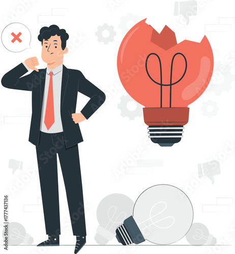 Businessman Showing Thumbs Down Next to Broken Lightbulb suit