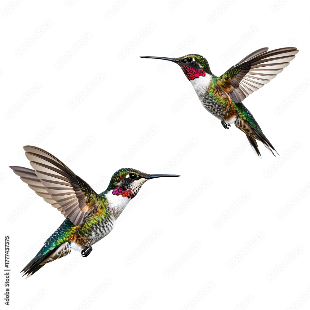 Fototapeta premium Small green hummingbird flying on white background