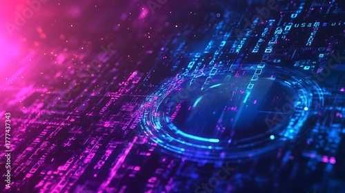 Vibrant digital artwork with futuristic technology interface with glowing neon lights data streams and circuit board patterns for modern artistic visual design sci-fi concept