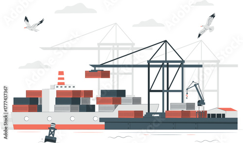 Cargo Ship Loading at Port with Cranes and Seagulls container ship harbor