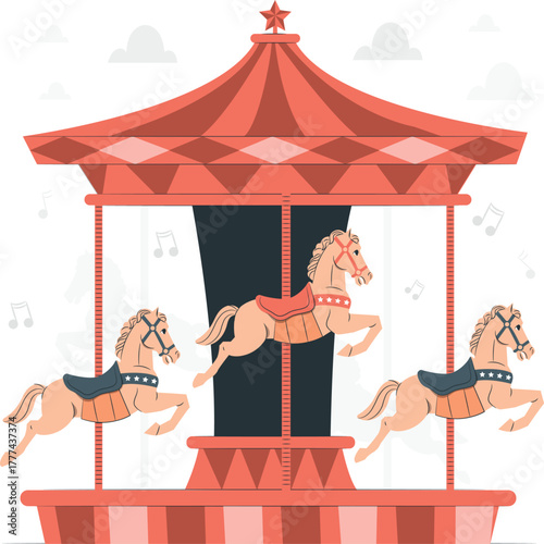 Carousel Ride with Three Horses and Musical Notes vector illustration