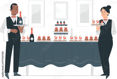 Caterers serving food and drinks at a formal event server waiter