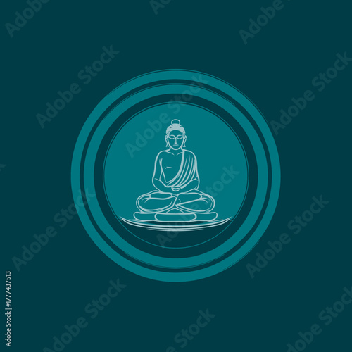 Meditating buddha illustration in a teal circle against a teal background