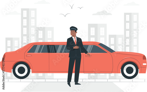 Chauffeur standing next to a red limousine in a city luxury transport