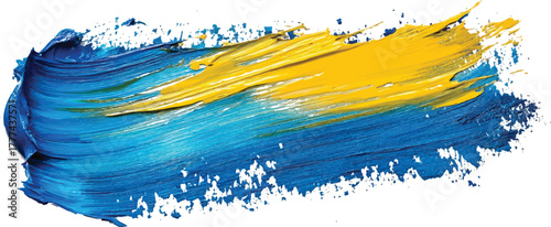 Thick textured brush stroke of vibrant blue and bright yellow oil paint on white background abstract