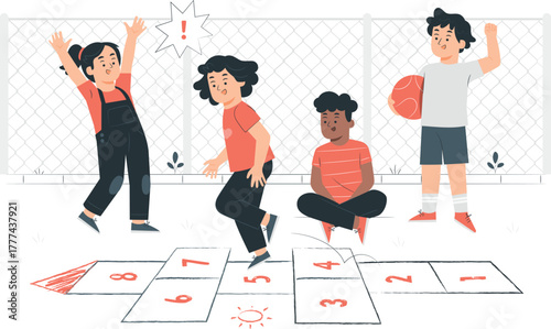 Children playing hopscotch and basketball in a yard kids