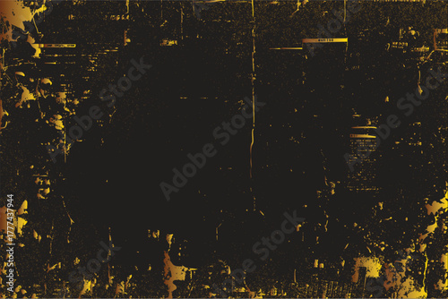 Abstract distressed black and gold textured background with grunge elements and subtle text fragments