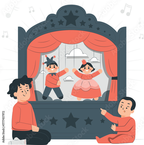 Children watching a puppet show on a stage kids theater