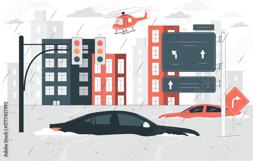 City Flood Disaster with Submerged Cars and Helicopter Rescue urban