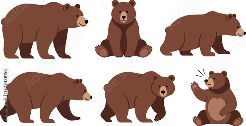 Cartoon brown bears in various poses including sitting, walking, standing, and waving, isolated on white background for educational useCartoon brown bears in various poses including sitting, walk